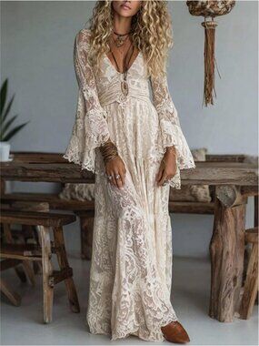 LocalBoho Lace Maxi Dress Women's Deep V Neck Bell Long Sleeve Empire Waist
